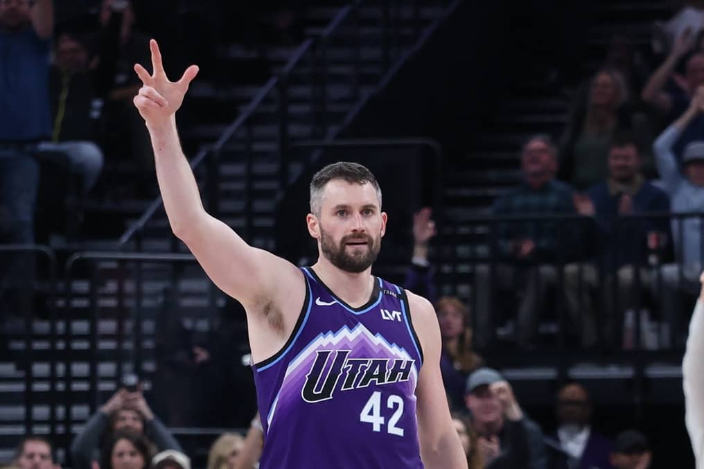 Dec 20, 2025; Salt Lake City, Utah, USA; Utah Jazz forward Kevin Love (42) reacts after a play against the Orlando Magic during overtime at Delta Center. Mandatory Credit: Rob Gray-Imagn Images