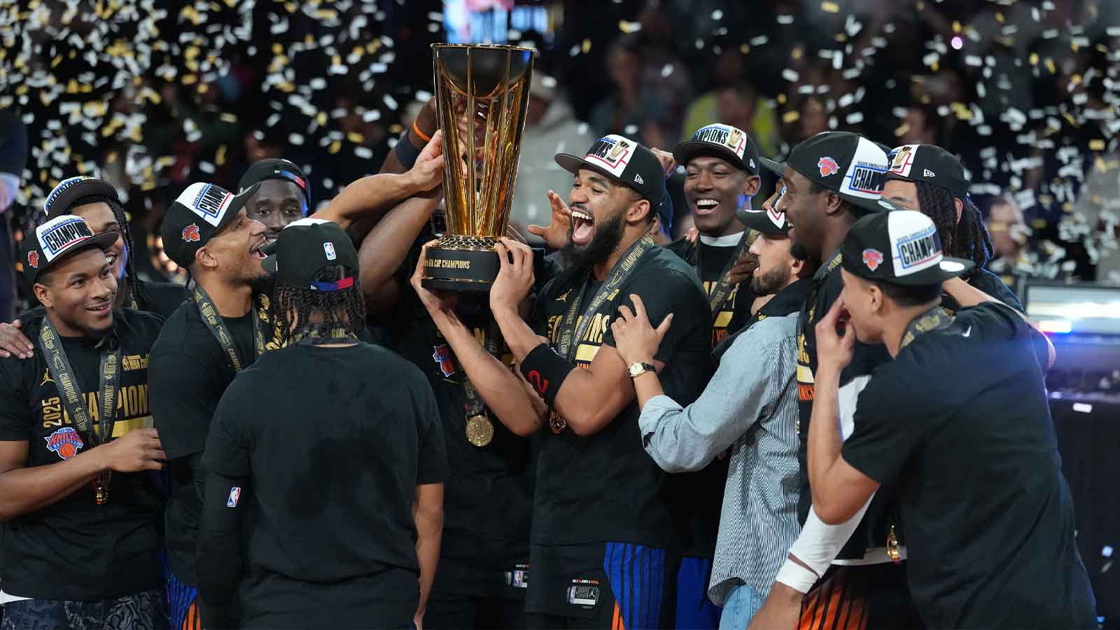 The New York Knicks react after winning the Emirates NBA Cup Final at T-Mobile Arena.