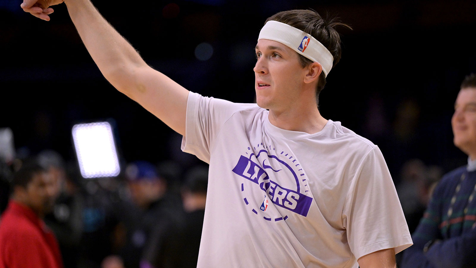 Lakers guard Austin Reaves (15) warms up prior to the game against the San Antonio Spurs at Crypto.com Arena