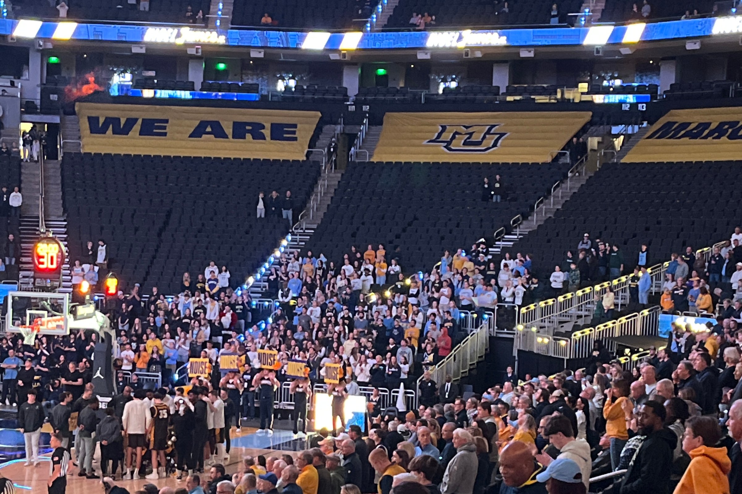 The west end Marquette student section of Fiserv Forum is approximately 1/3 full during starting lineup introductions on December 2nd against Valparaiso.