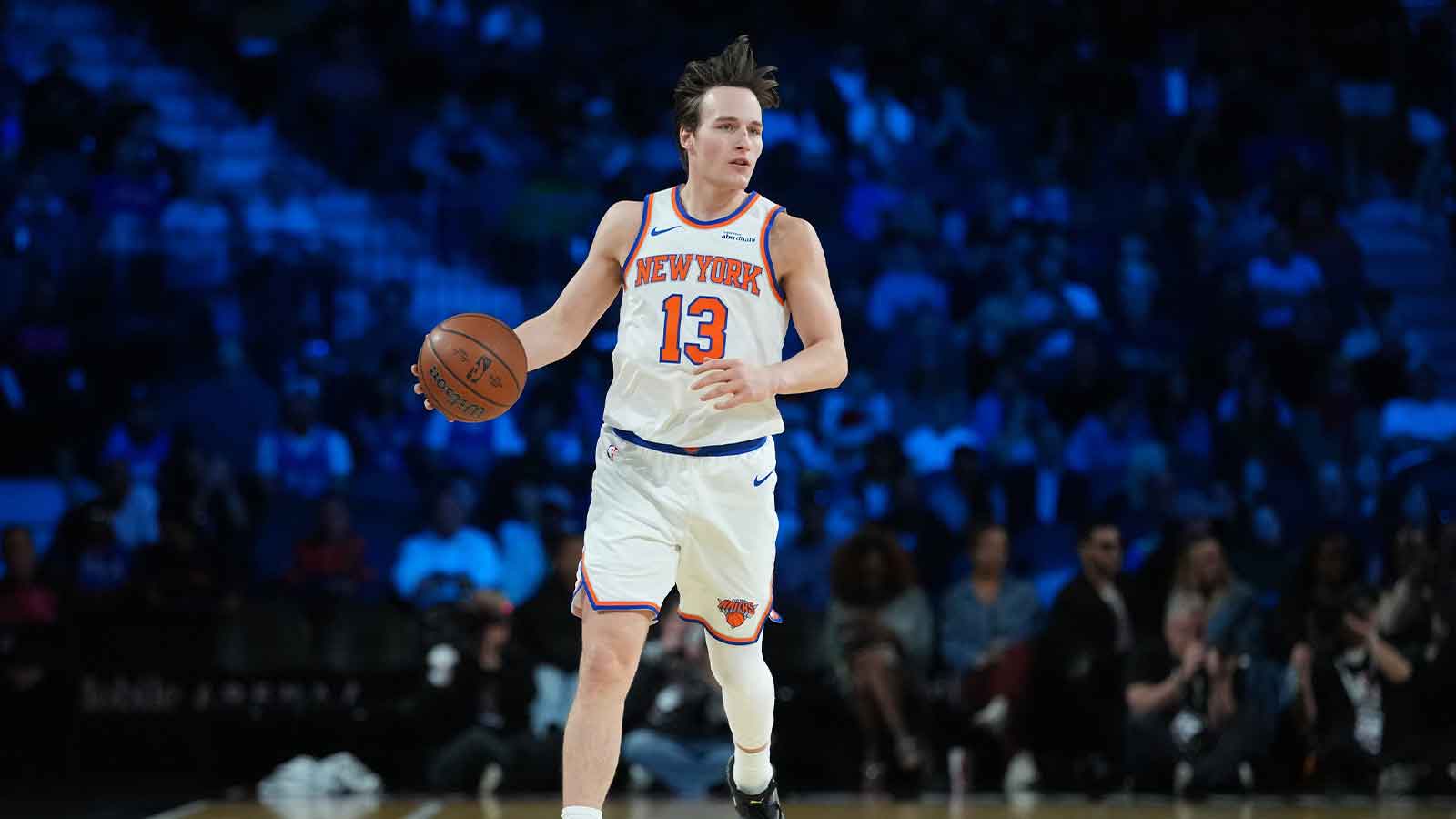 Dec 13, 2025; Las Vegas, Nevada, USA; New York Knicks guard Tyler Kolek (13) brings the ball up court against against the Orlando Magic during the second quarter at T-Mobile Arena. Mandatory Credit: Kirby Lee-Imagn Images