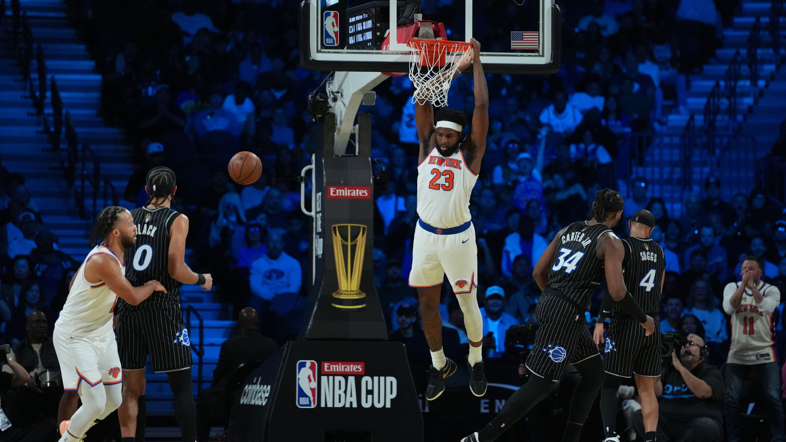 New York Knicks center Mitchell Robinson (23) hangs on the rim after a dunk against the Orlando Magic during the third quarter at T-Mobile Arena. 