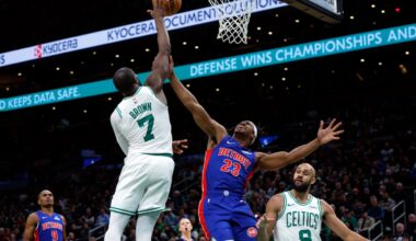 Jaden Ivey (center) was part of a Pistons bench attack on Monday for which Jaylen Brown and the Celtics had no answer.