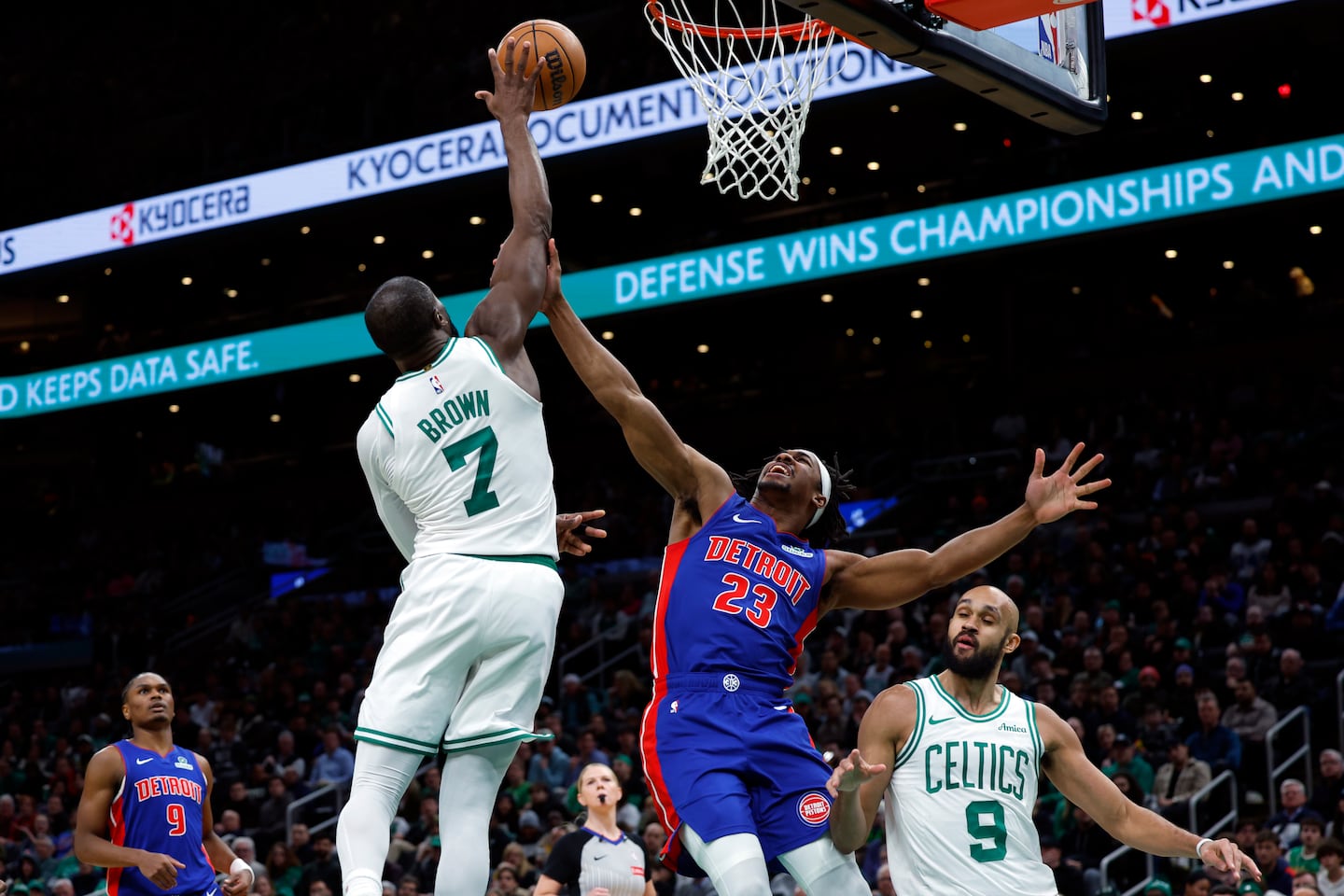 Jaden Ivey (center) was part of a Pistons bench attack on Monday for which Jaylen Brown and the Celtics had no answer.