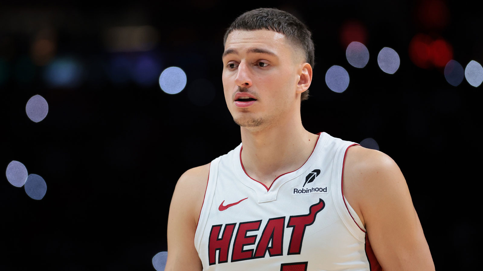 Miami Heat forward Nikola Jovic (5) looks on against the Charlotte Hornets during the fourth quarter at Kaseya Center.