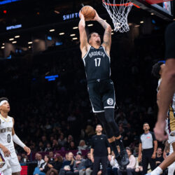 Brooklyn Nets forward Michael Porter Jr. (17) dunks during the first half of an NBA basketball game against the Brooklyn Nets, Saturday, Dec. 6, 2025, in New York. (AP Photo/Angelina Katsanis)