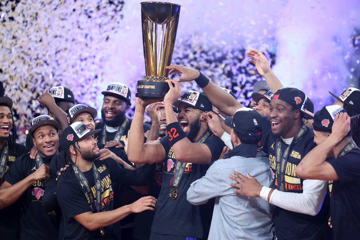Karl-Anthony Towns (32) and his Knicks teammates were able to hoist a trophy for the first time more than 50 years when they won the NBA Cup on Tuesday. 