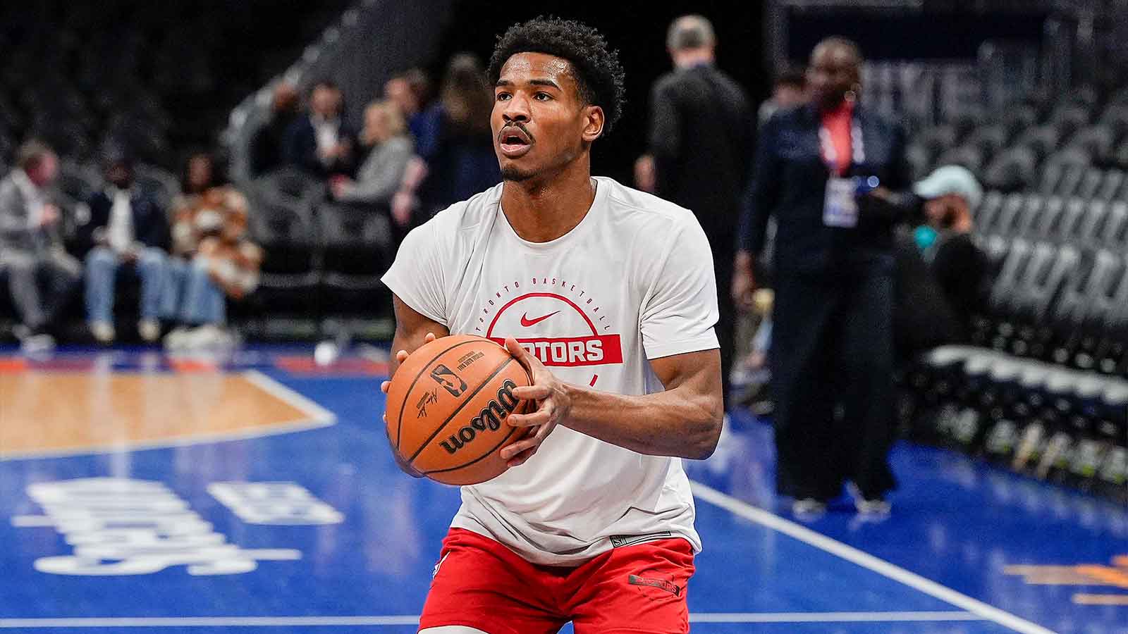 Toronto Raptors guard Ochai Agbaji (30) shoots the ball during pregame warmups against the Charlotte Hornets at Spectrum Center.