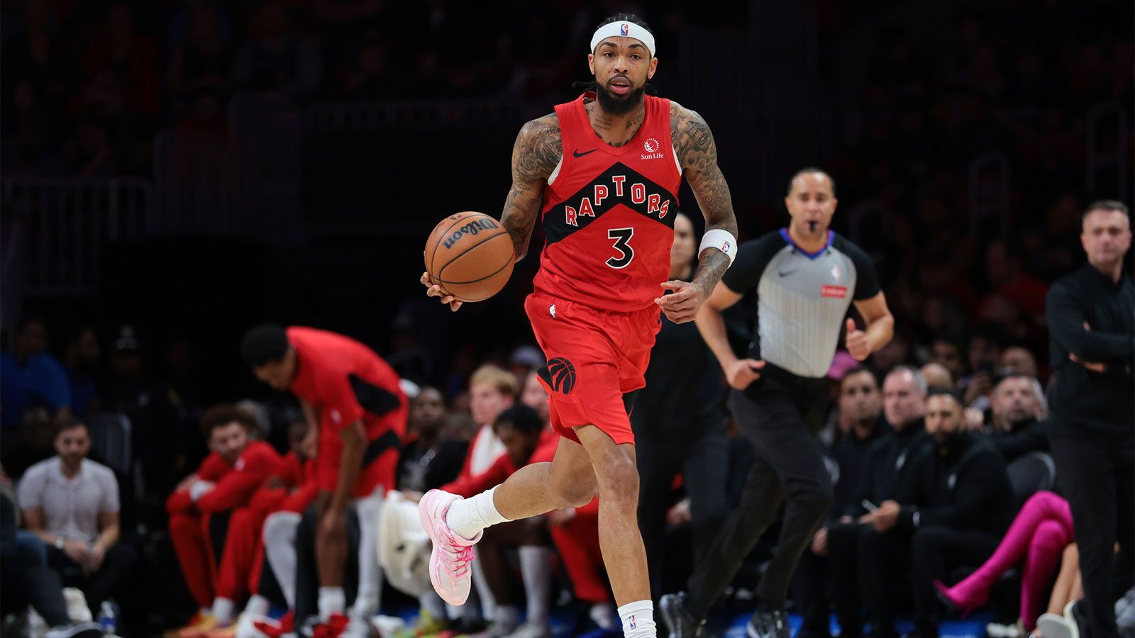 Toronto Raptors forward Brandon Ingram (3) dribbles the basketball against the Miami Heat during the second quarter at Kaseya Center.