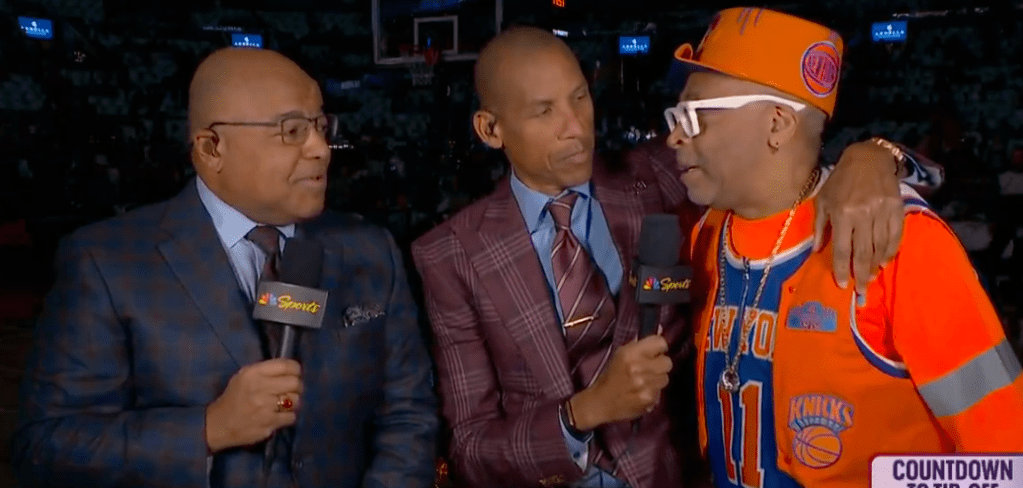 Mike Tirico, Reggie Miller and Spike Lee on the NBC broadcast on Tuesday night.