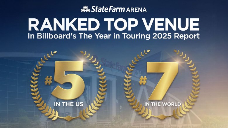 A graphic showing that State Farm Arena was ranked number five top venue in the country and number seven in the world.