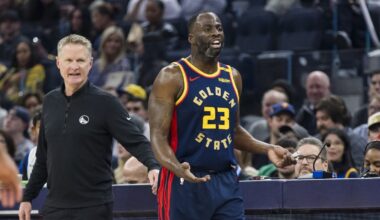 Jan 7, 2025; San Francisco, California, USA; Golden State Warriors forward Draymond Green (23) and head coach Steve Kerr react during the first quarter against the Miami Heat at Chase Center. Mandatory Credit: John Hefti-Imagn Images