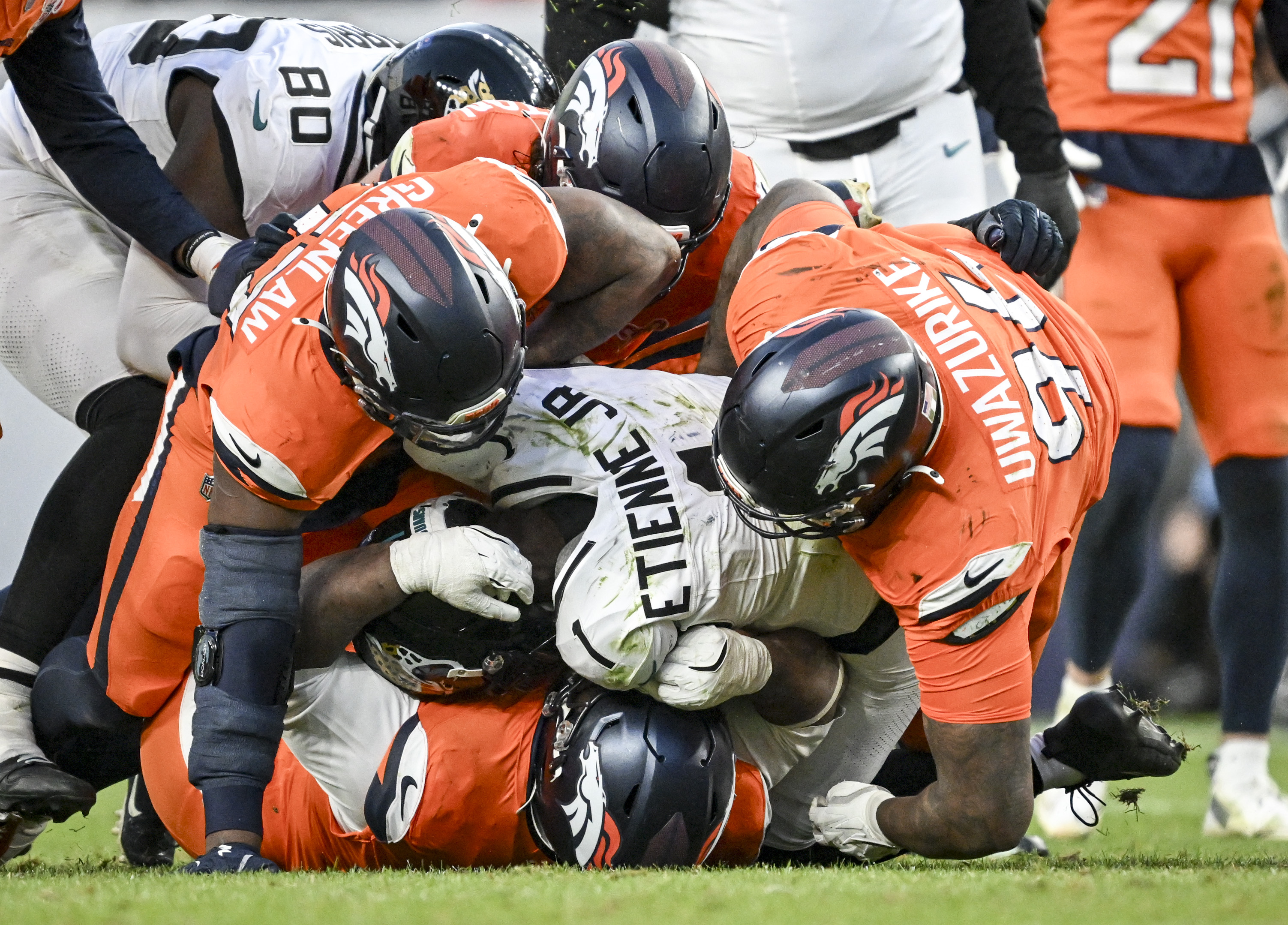 Eyioma Uwazurike (96), D.J. Jones (93), Dre Greenlaw (57) and...