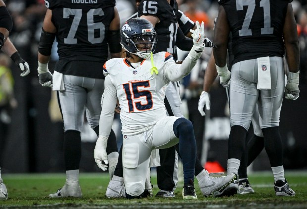 Nik Bonitto (15) of the Denver Broncos celebrates sacking Kenny Pickett (15) of the Las Vegas Raiders during the fourth quarter of the Broncos' 24-17 win at Allegiant Stadium in Las Vegas, Nevada on Sunday, Dec. 7, 2025. (Photo by AAron Ontiveroz/The Denver Post)