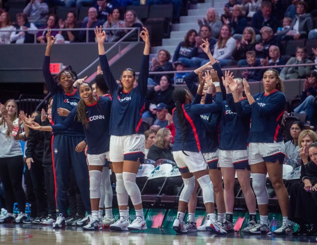 UConn players celebrate from the bench during a game against Southern Connecticut State University at PeoplesBank Arena on Sunday, Oct. 26, 2025. (Aaron Flaum/Hartford Courant