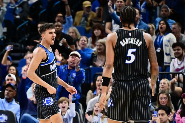 ORLANDO, FLORIDA - DECEMBER 09: Tristan da Silva #23 of the Orlando Magic reacts in the first half of an Emirates NBA Cup Quarterfinals game against the Miami Heat at Kia Center on December 09, 2025 in Orlando, Florida. NOTE TO USER: User expressly acknowledges and agrees that, by downloading and or using this photograph, User is consenting to the terms and conditions of the Getty Images License Agreement. (Photo by Julio Aguilar/Getty Images)