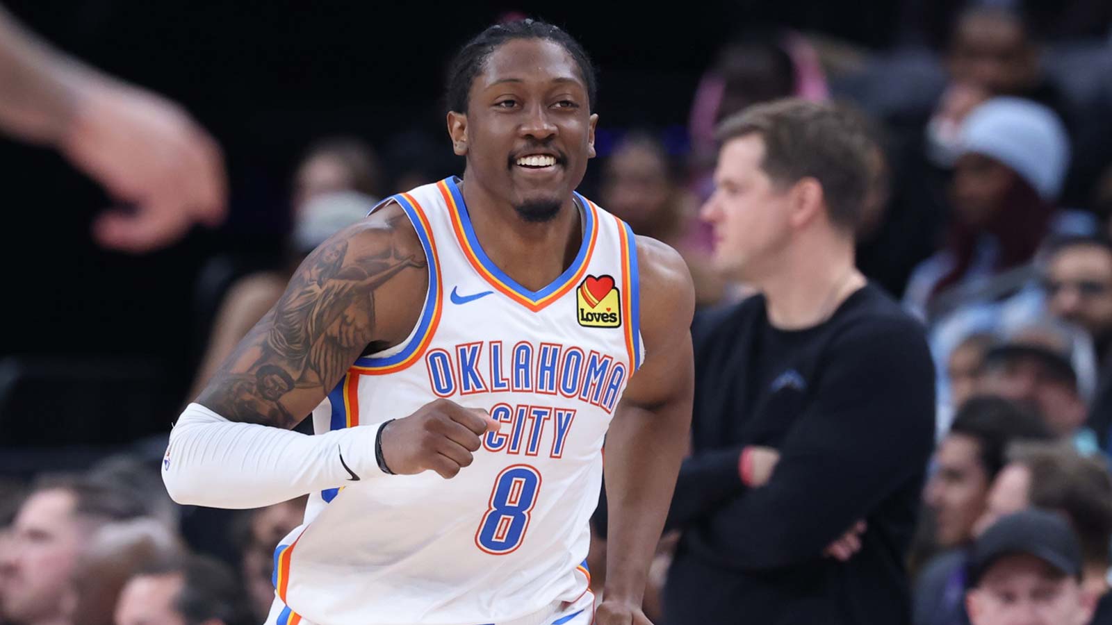 Thunder guard Jalen Williams (8) reacts after a dunk against the Utah Jazz during the second half at Delta Center