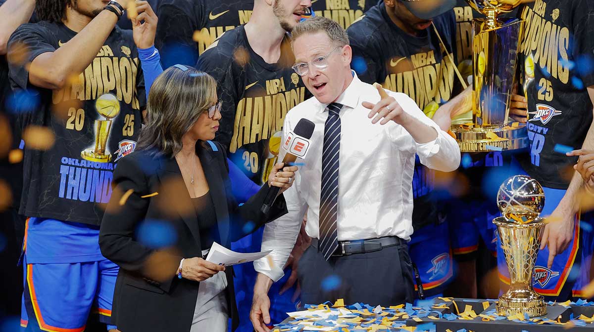 Thunder general manager Sam Presti speaks during the championship ceremony after his team defeated the Indiana Pacers in game seven of the 2025 NBA Finals at Paycom Center
