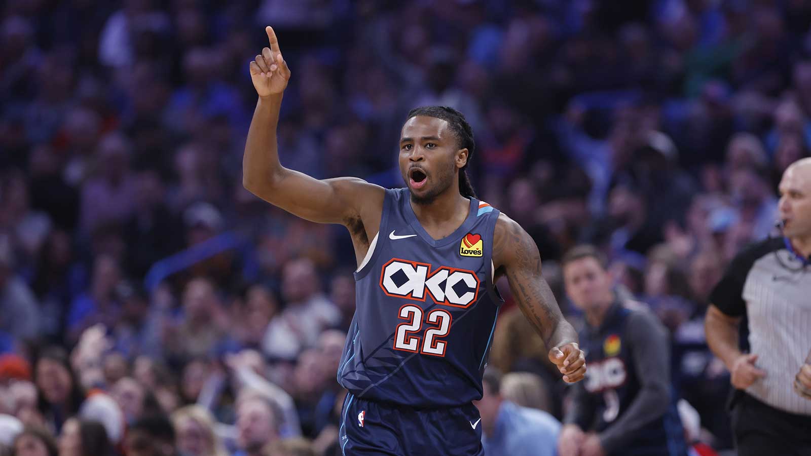 Thunder guard Cason Wallace (22) gestures after scoring against the Dallas Mavericks during the second quarter at Paycom Center