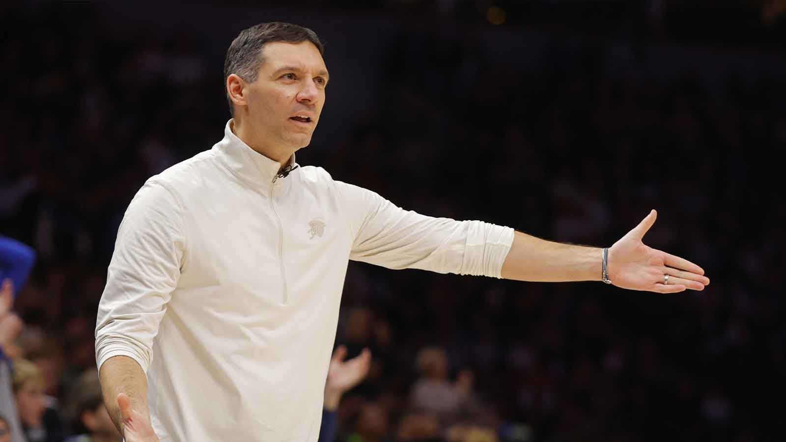 Thunder head coach Mark Daigneault questions a referee's call for the Minnesota Timberwolves in the fourth quarter at Target Center