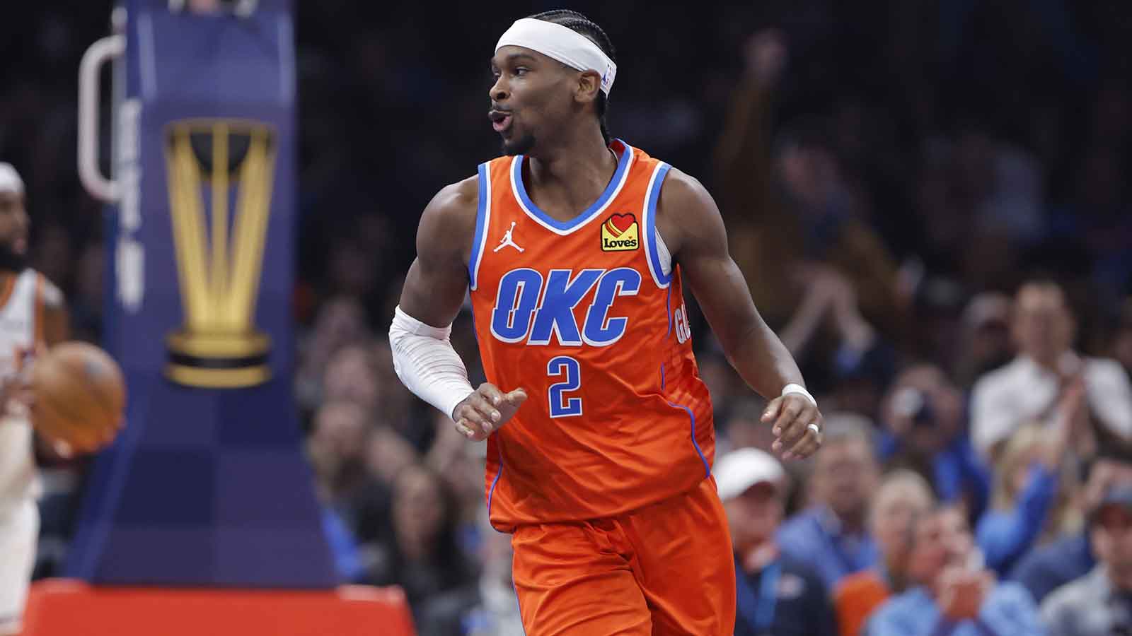 Thunder guard Shai Gilgeous-Alexander (2) reacts after a play against the Phoenix Suns during the second quarter at Paycom Center