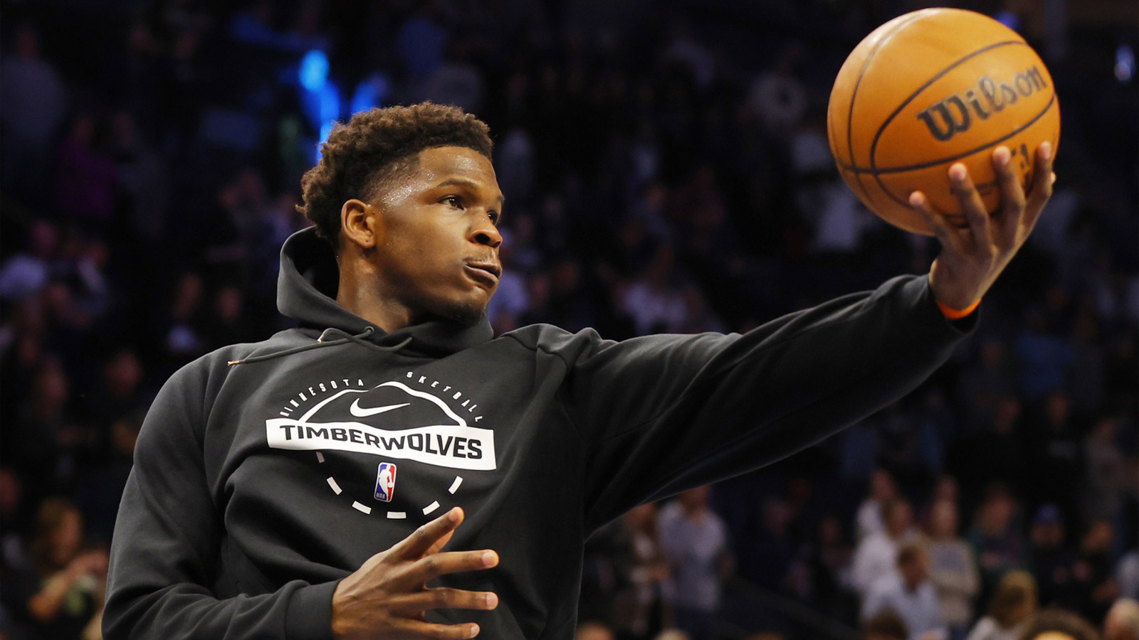Minnesota Timberwolves guard Anthony Edwards (5) prepares to play the Brooklyn Nets before the game at Target Center.