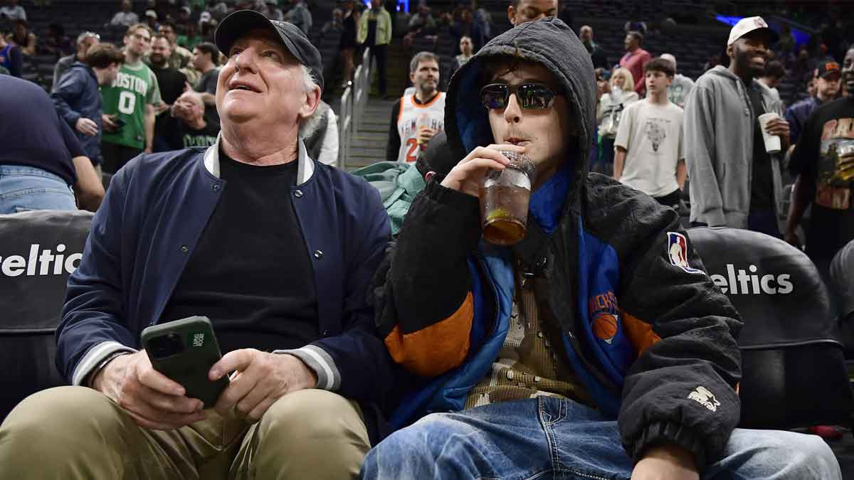 American-French actor Timothee Chalamet sits courtside prior to the start of game five between the Boston Celtics and New York Knicks in the second round for the 2025 NBA Playoffs at TD Garden.