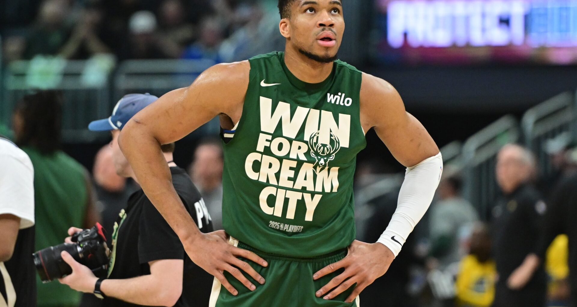 Milwaukee Bucks forward Giannis Antetokounmpo (34) gets ready to play Indiana Pacers during game four of first round for the 2024 NBA Playoffs at Fiserv Forum.
