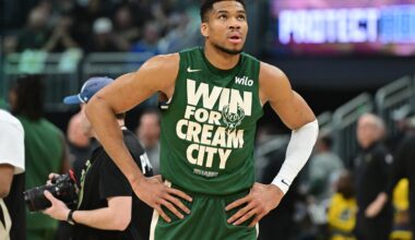 Milwaukee Bucks forward Giannis Antetokounmpo (34) gets ready to play Indiana Pacers during game four of first round for the 2024 NBA Playoffs at Fiserv Forum.