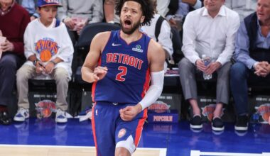 Apr 29, 2025; New York, New York, USA; Detroit Pistons guard Cade Cunningham (2) celebrates after scoring in the third quarter against the New York Knicks during game five of first round for the 2025 NBA Playoffs at Madison Square Garden. Mandatory Credit: Wendell Cruz-Imagn Images