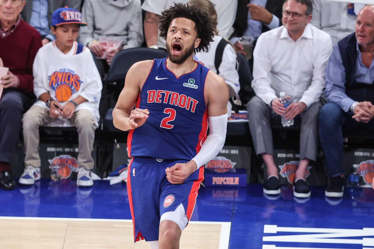 Apr 29, 2025; New York, New York, USA; Detroit Pistons guard Cade Cunningham (2) celebrates after scoring in the third quarter against the New York Knicks during game five of first round for the 2025 NBA Playoffs at Madison Square Garden. Mandatory Credit: Wendell Cruz-Imagn Images