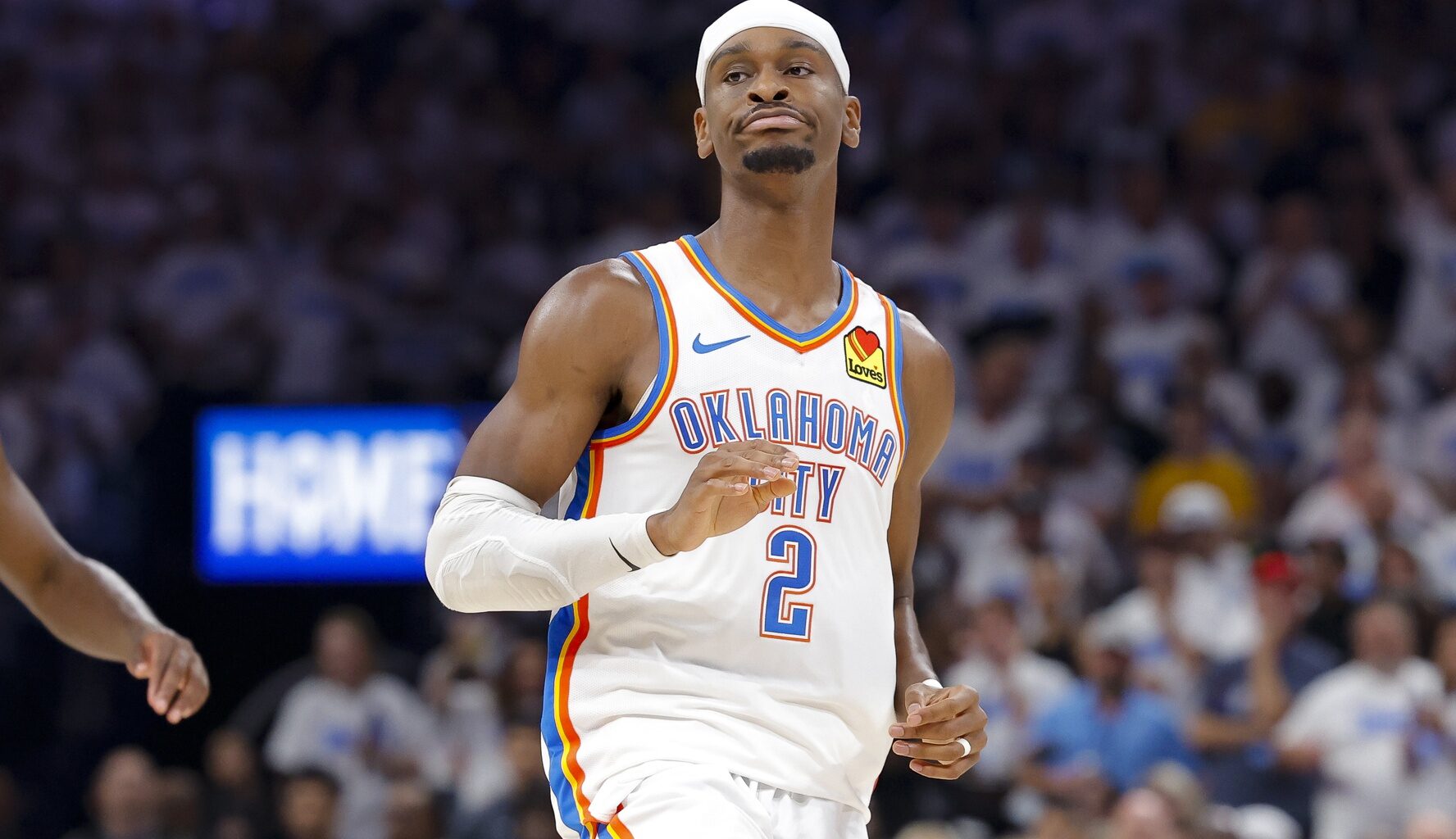 Jun 5, 2025; Oklahoma City, Oklahoma, USA; Oklahoma City Thunder guard Shai Gilgeous-Alexander (2) reacts to making a basket against the Indiana Pacers during the third quarter during game one of the 2025 NBA Finals at Paycom Center. Mandatory Credit: Alonzo Adams-Imagn Images