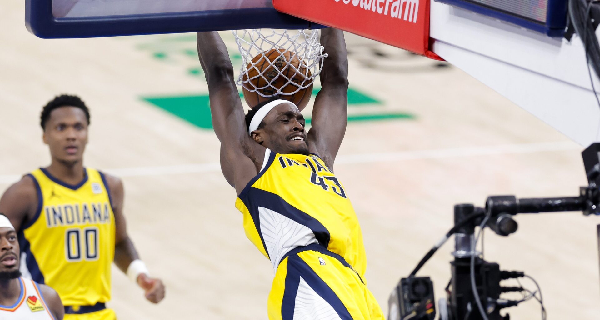 Jun 16, 2025; Oklahoma City, Oklahoma, USA; Indiana Pacers forward Pascal Siakam (43) dunks the ball against the Oklahoma City Thunder during the fourth quarter in game five of the 2025 NBA Finals at Paycom Center. Mandatory Credit: Alonzo Adams-Imagn Images