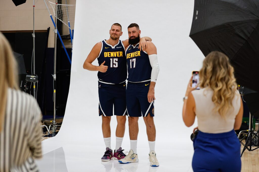 Sep 29, 2025; Denver, CO, USA; Denver Nuggets players Nikola Jokic (15) and Jonas Valanciunas (17) pose for a picture during media day at Ball Arena. Mandatory Credit: Isaiah J. Downing-Imagn Images