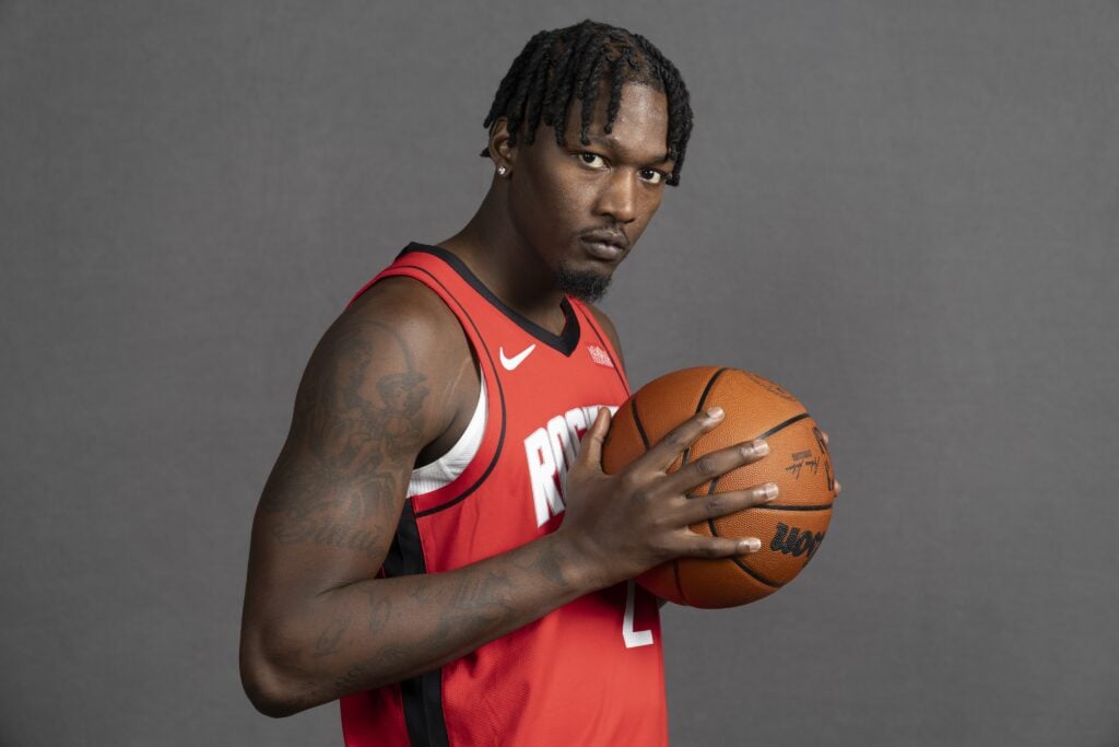 Sep 29, 2025; Houston, TX, USA; Houston Rockets forward Dorian Finney-Smith (2) poses for a picture during Houston Rockets media day at Toyota Center. Mandatory Credit: Troy Taormina-Imagn Images