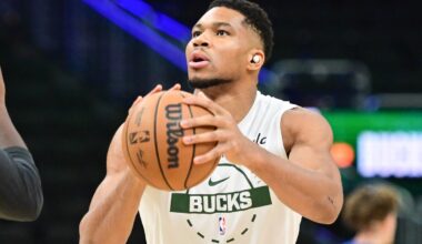 Oct 30, 2025; Milwaukee, Wisconsin, USA; Milwaukee Bucks forward Giannis Antetokounmpo (34) warms up before game against the Golden State Warriors at Fiserv Forum. Mandatory Credit: Benny Sieu-Imagn Images