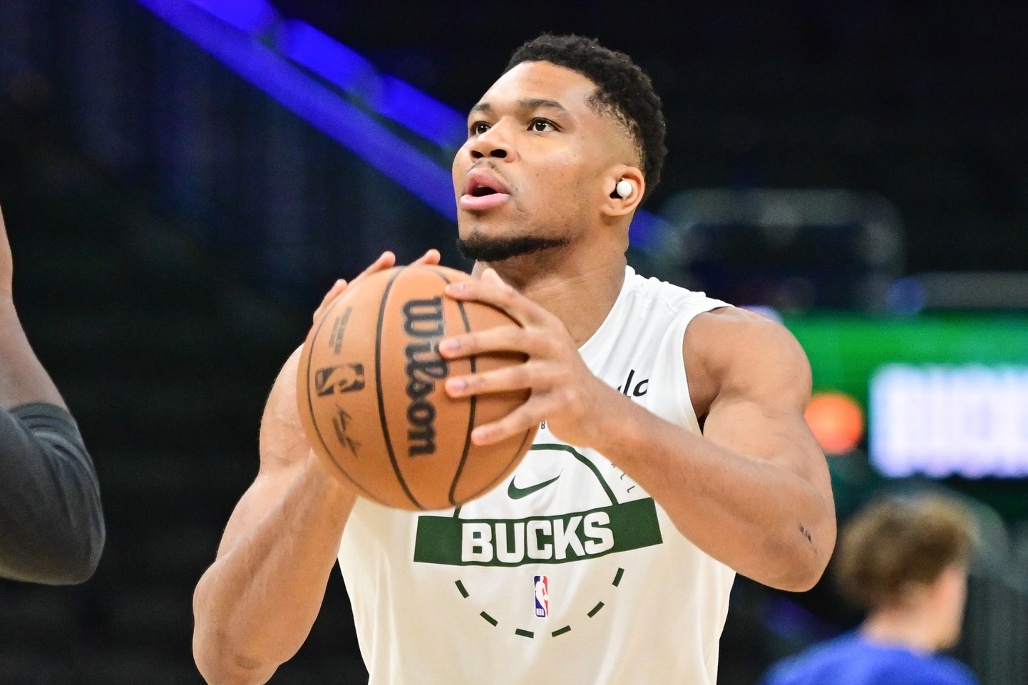 Oct 30, 2025; Milwaukee, Wisconsin, USA; Milwaukee Bucks forward Giannis Antetokounmpo (34) warms up before game against the Golden State Warriors at Fiserv Forum. Mandatory Credit: Benny Sieu-Imagn Images