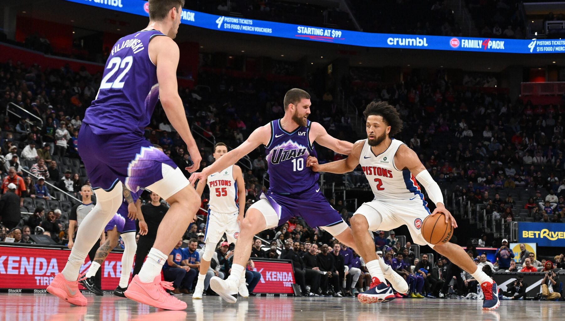 Nov 5, 2025; Detroit, Michigan, USA; Detroit Pistons guard Cade Cunningham (2) drives the lane against Utah Jazz guard Svi Mykhailiuk (10) in the fourth quarter at Little Caesars Arena. Mandatory Credit: Lon Horwedel-Imagn Images