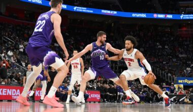 Nov 5, 2025; Detroit, Michigan, USA; Detroit Pistons guard Cade Cunningham (2) drives the lane against Utah Jazz guard Svi Mykhailiuk (10) in the fourth quarter at Little Caesars Arena. Mandatory Credit: Lon Horwedel-Imagn Images