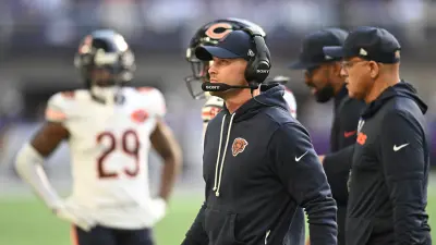 Nov 16, 2025; Minneapolis, Minnesota, USA; Chicago Bears head coach Ben Johnson walks the sideline during the second quarter against the Minnesota Vikings at U.S. Bank Stadium. Mandatory Credit: Jeffrey Becker-Imagn Images