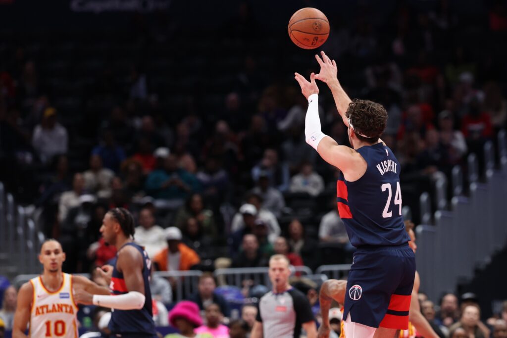 Washington Wizards forward Corey Kispert (24) shoots the ball against the Atlanta Hawks in the first half at Capital One Arena.