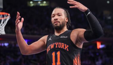 New York Knicks guard Jalen Brunson (11) reacts during the second half against the Milwaukee Bucks at Madison Square Garden.