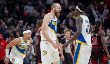 Pacers players celebrate a play against the Bulls during the 2025-26 NBA season.
