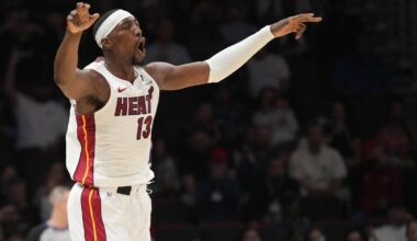 Dec 1, 2025; Miami, Florida, USA; Miami Heat center Bam Adebayo (13) celebrates a three-pointer during the first half against the Los Angeles Clippers at Kaseya Center. Mandatory Credit: Jim Rassol-Imagn Images