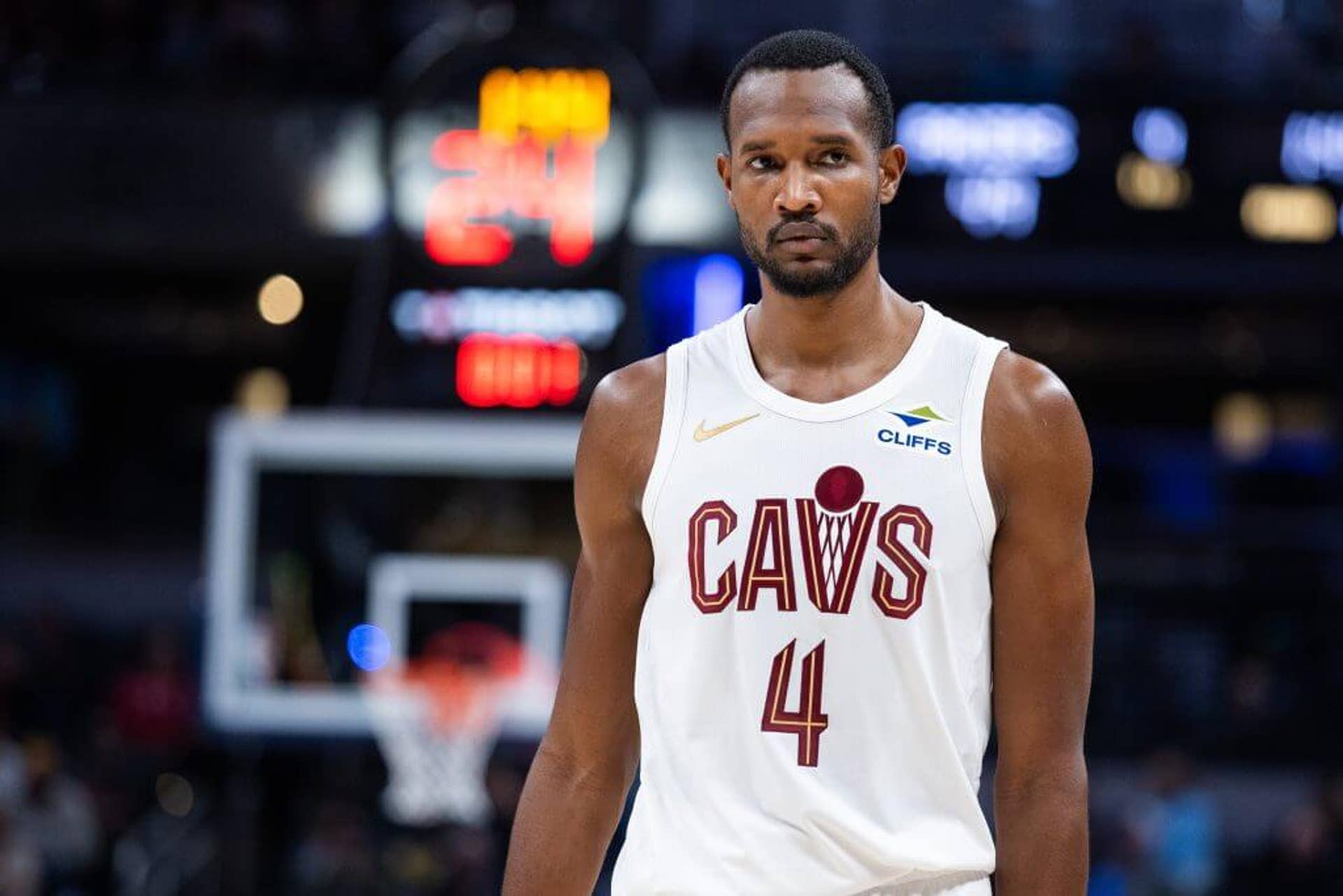 Cleveland Cavaliers center Evan Mobley stands on the court and looks away at Gainbridge Fieldhouse.