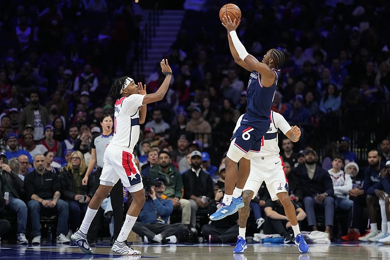 Dec 2, 2025; Philadelphia, Pennsylvania, USA; Philadelphia 76ers guard Tyrese Maxey (0) shoots the ball against Washington Wizards guard Bilal Coulibaly (0) in the second quarter at Xfinity Mobile Arena. Mandatory Credit: Kyle Ross-Imagn Images