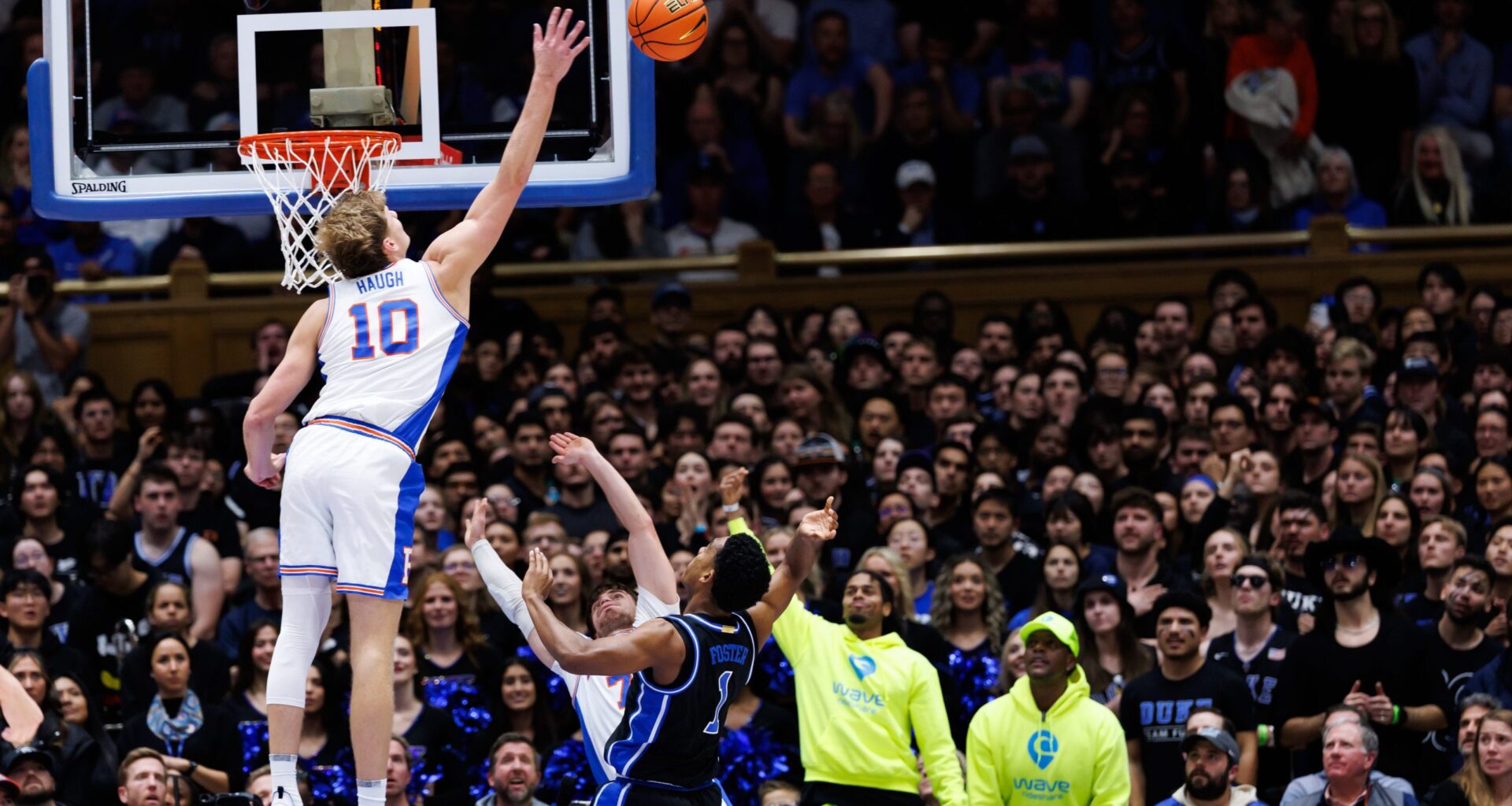 Florida forward Thomas Haugh blocks a shot by Duke guard Caleb Foster at Cameron Indoor Stadium on Tuesday, Dec. 2, 2025.