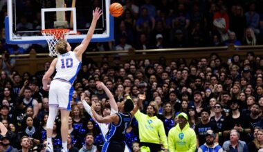 Florida forward Thomas Haugh blocks a shot by Duke guard Caleb Foster at Cameron Indoor Stadium on Tuesday, Dec. 2, 2025.