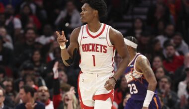Houston Rockets guard Amen Thompson (1) reacts after scoring a basket during the fourth quarter against the Phoenix Suns at Toyota Center.
