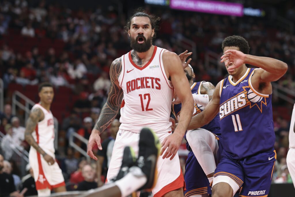 Houston Rockets center Steven Adams (12) reacts after a play during the fourth quarter against the Phoenix Suns at Toyota Center.